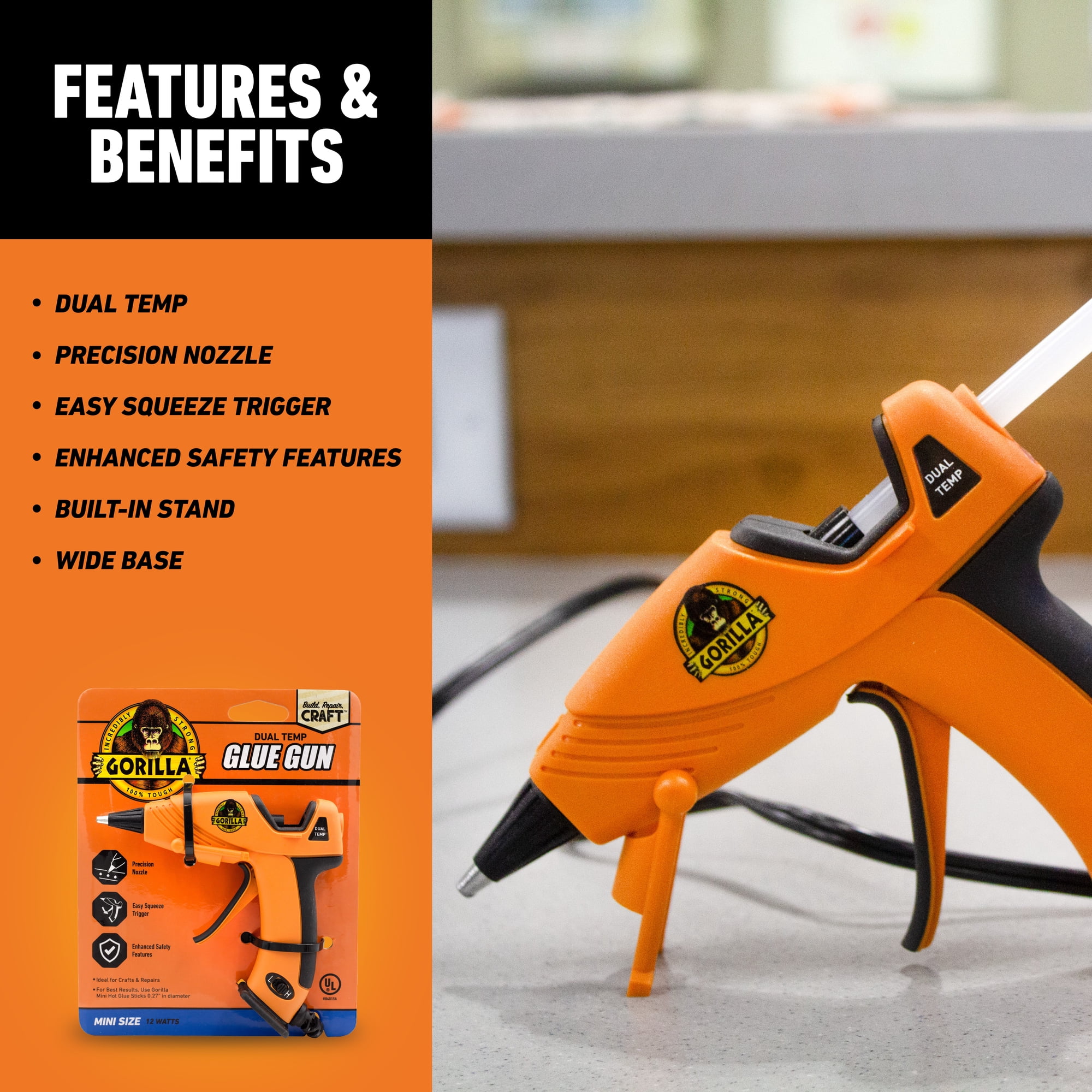 Gorilla Hot Glue Gun Mini - Dual Temp Mini Size Hot Glue Gun with Precision Nozzle