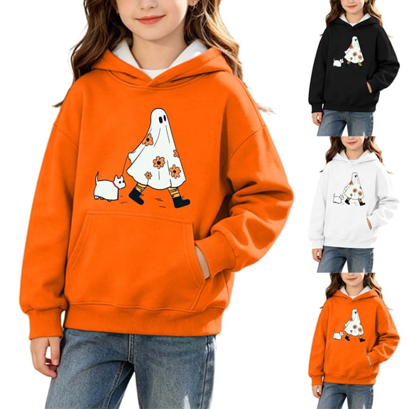 Yeaiivve Girls Halloween Pullover Hoodie Cute Ghost Graphic Hooded Sweatshirts Kangaroo Pocket Casual Oversized Hoodies Kids Boys Back to School Wear Black 3 Years