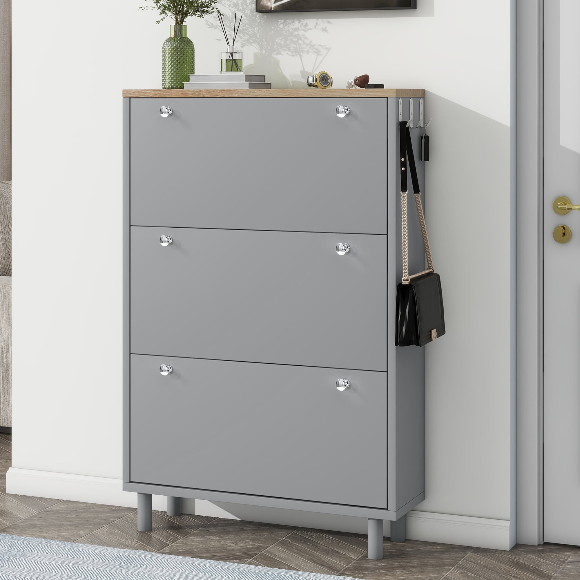 Leumius Shoe Cabinet Narrow Entryway Organizer Particle Board 47.6 x 31.5 x 9.4 inch Gray