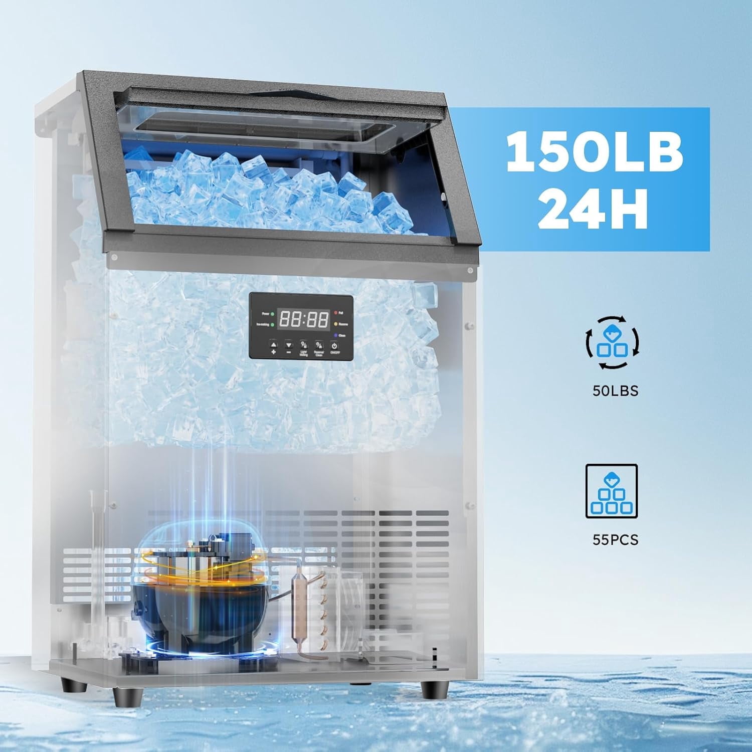 QAUSOU Commercial Ice Maker, 150Lbs/24H Under Counter Ice Machine 50 LBS Storage Bin 400W Compressor Freestanding Ice Maker Machine,Thicknesses Adjustable