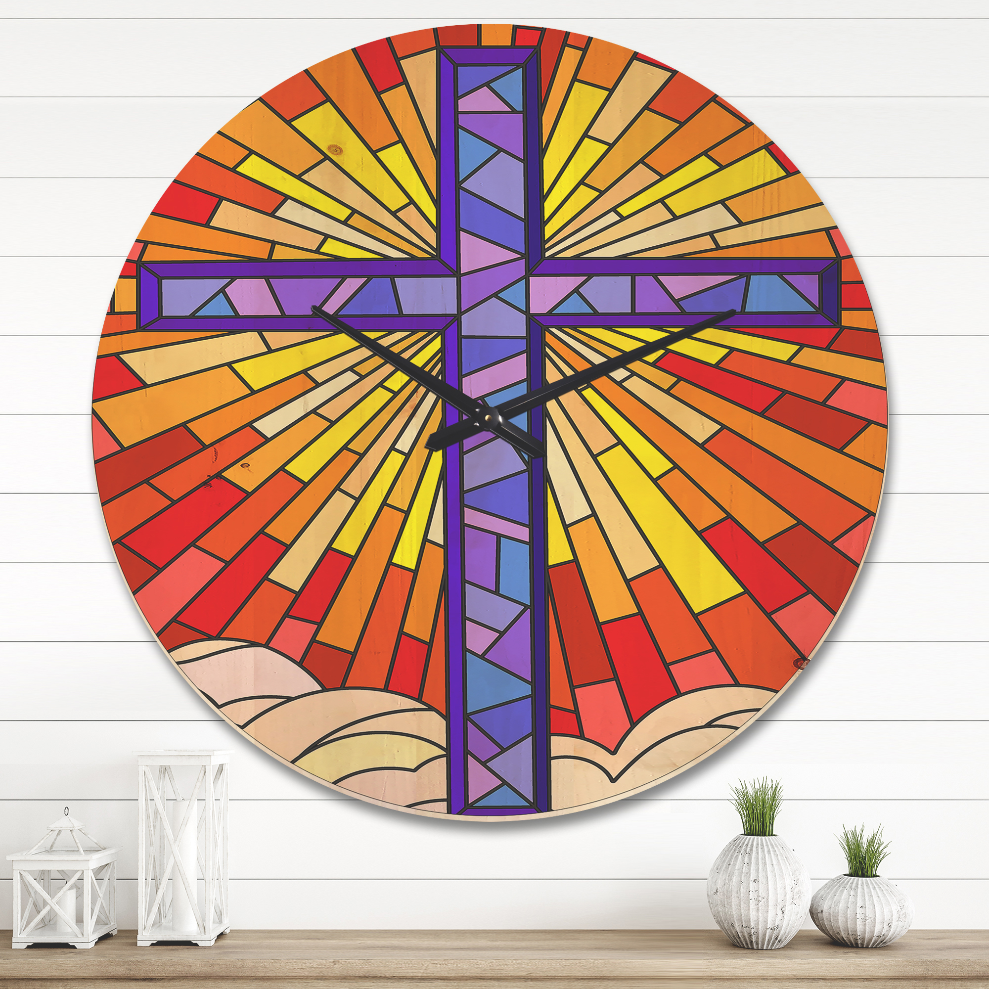 Designart 'Blue Holy Cross Stained Glass Style ' Rustic Wood Wall Clock