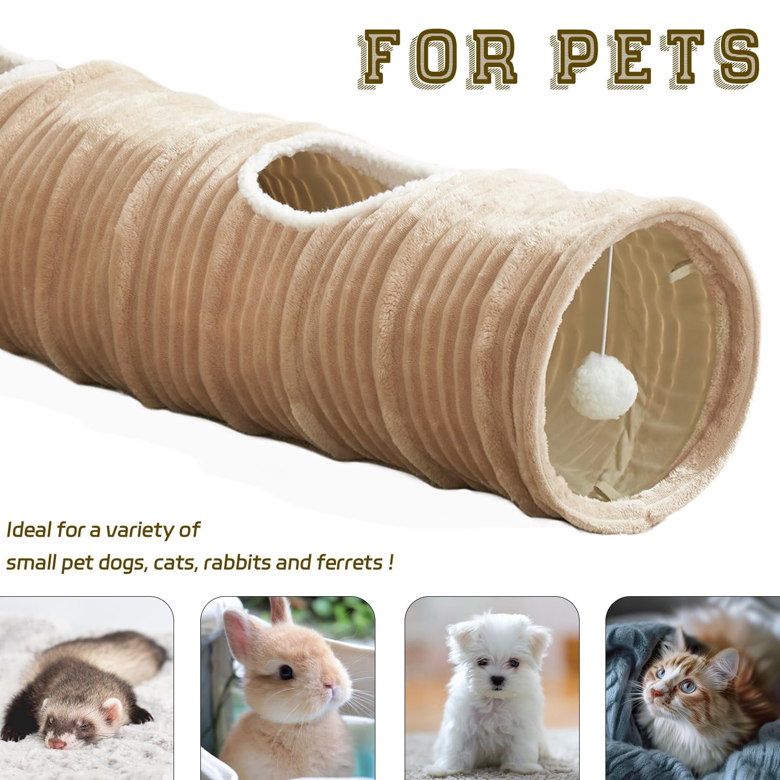 Cat Tunnel For Indoor Cats Toys Collapsible Straight Tube With A Fun Ball And 2 Holes Play Tunnels Rabbits  Ferrets Puppies & Large Pets Diameter 11.8 Inch