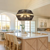 MagicHome 18.89" Ratten Chandelier 5 Lights Large Black Chandelier Woven Pendant Light Boho Hanging Lamp for Living Dining Room Kitchen Island Entryway Foyer, E26, Adjustable Height