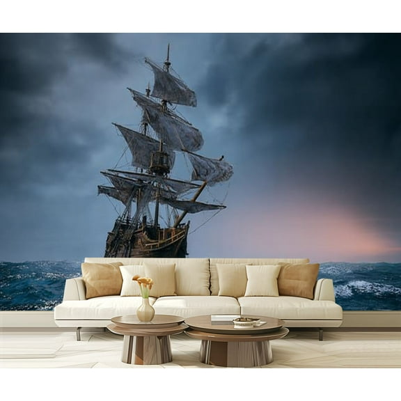 Peel and Stick Wallpaper Waterproof pirate ship sailing sea 3D render Wall Mural Decor Self Adhesive and Removable 69in x 98in