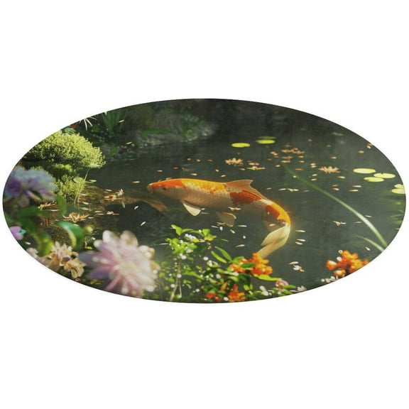 Lucky Koi Fish Lotus Leaf Washable Round Rug -Circle Area Rugs for Nursery Bedroom, Vintage Non Slip Non Shedding Low Pile Carpet for Living Room Coffee Table Entryway