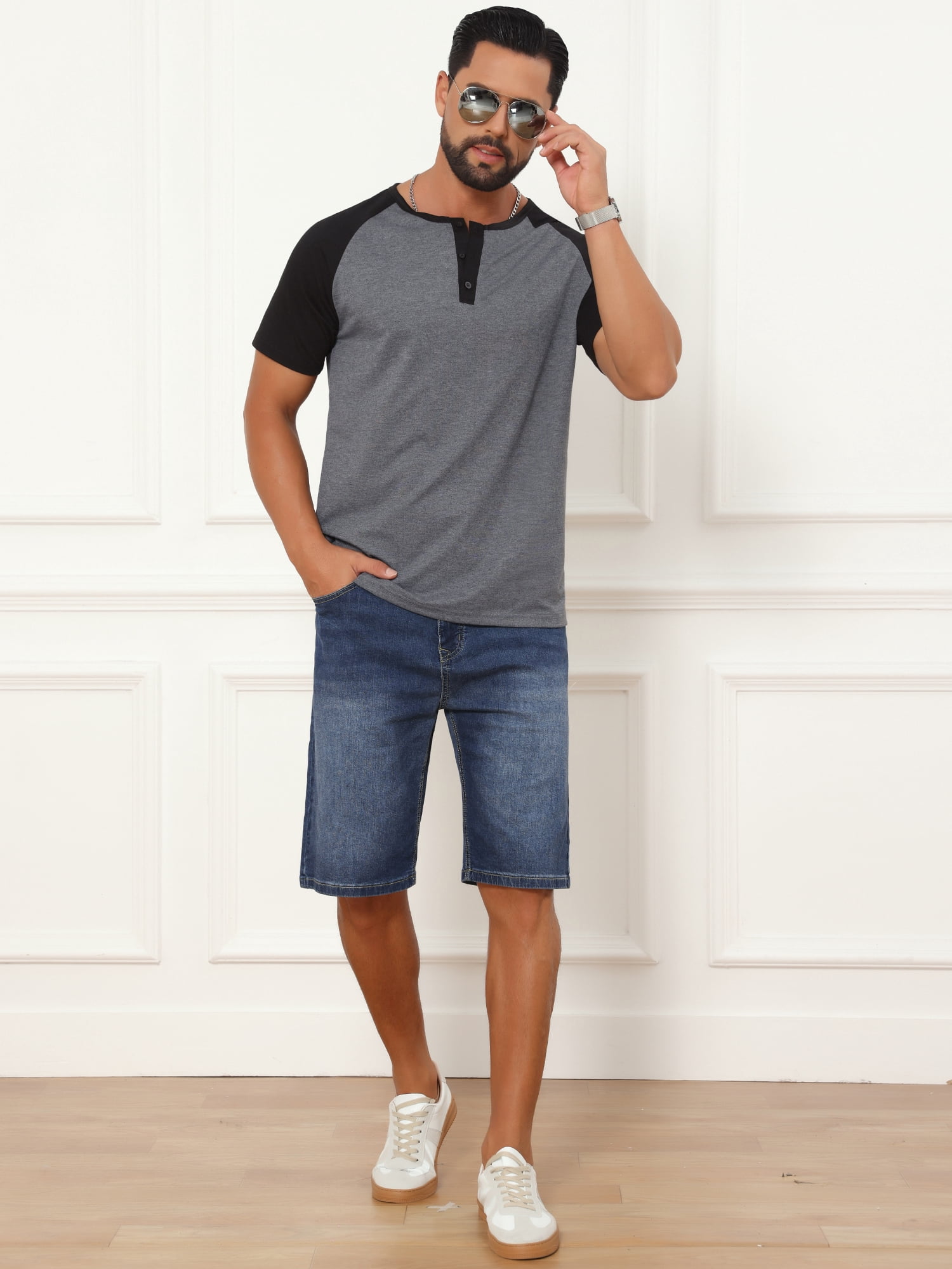 DARING DIVA Men's Henley Button Down Color Block Short Sleeve T-Shirt S Dark Gray