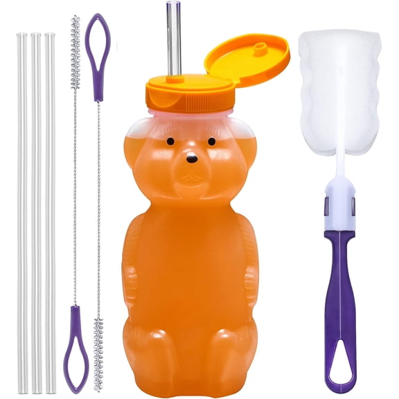 Special Supplies Honey Bear Straw Cup for Babies — Spill-Proof Juice Bottle, 3 Flexible Reusable Straws — Special Needs Assistive Cup, Pack of 1 Bottle