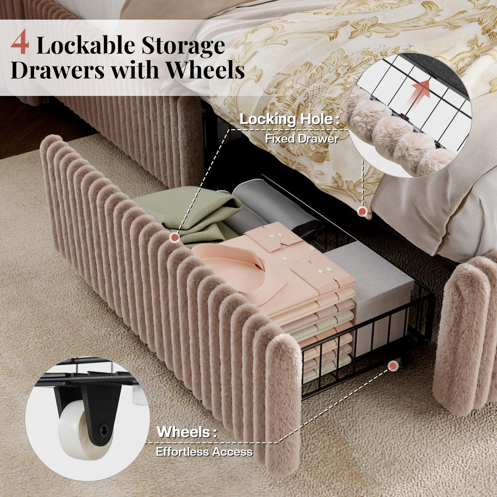 VanAcc 51.2" H Full Size LED Bed Frame, Corduroy Upholstered Platform Bed with 4 Storage Drawers & Charging Station Wingback Headboard, Dark Khaki