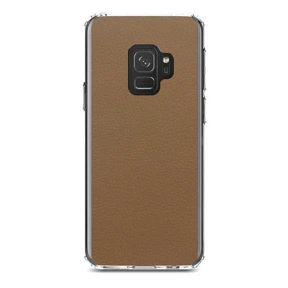 DistinctInk Clear Shockproof Hybrid Case for Samsung Galaxy S9 (5.8" Screen) - TPU Bumper, Acrylic Back, Tempered Glass Screen Protector - Brown Faux Leather Print Design - Printed Leather Image