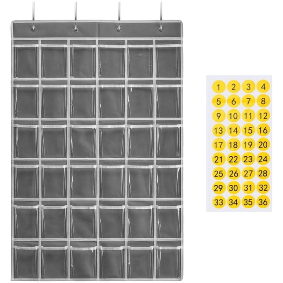 KEEPJOY 36 Pockets Classroom Pocket Chart for Cellphones and Calculator,Grey Pocket Chart for Classroom Storage with Number Sticker Hooks