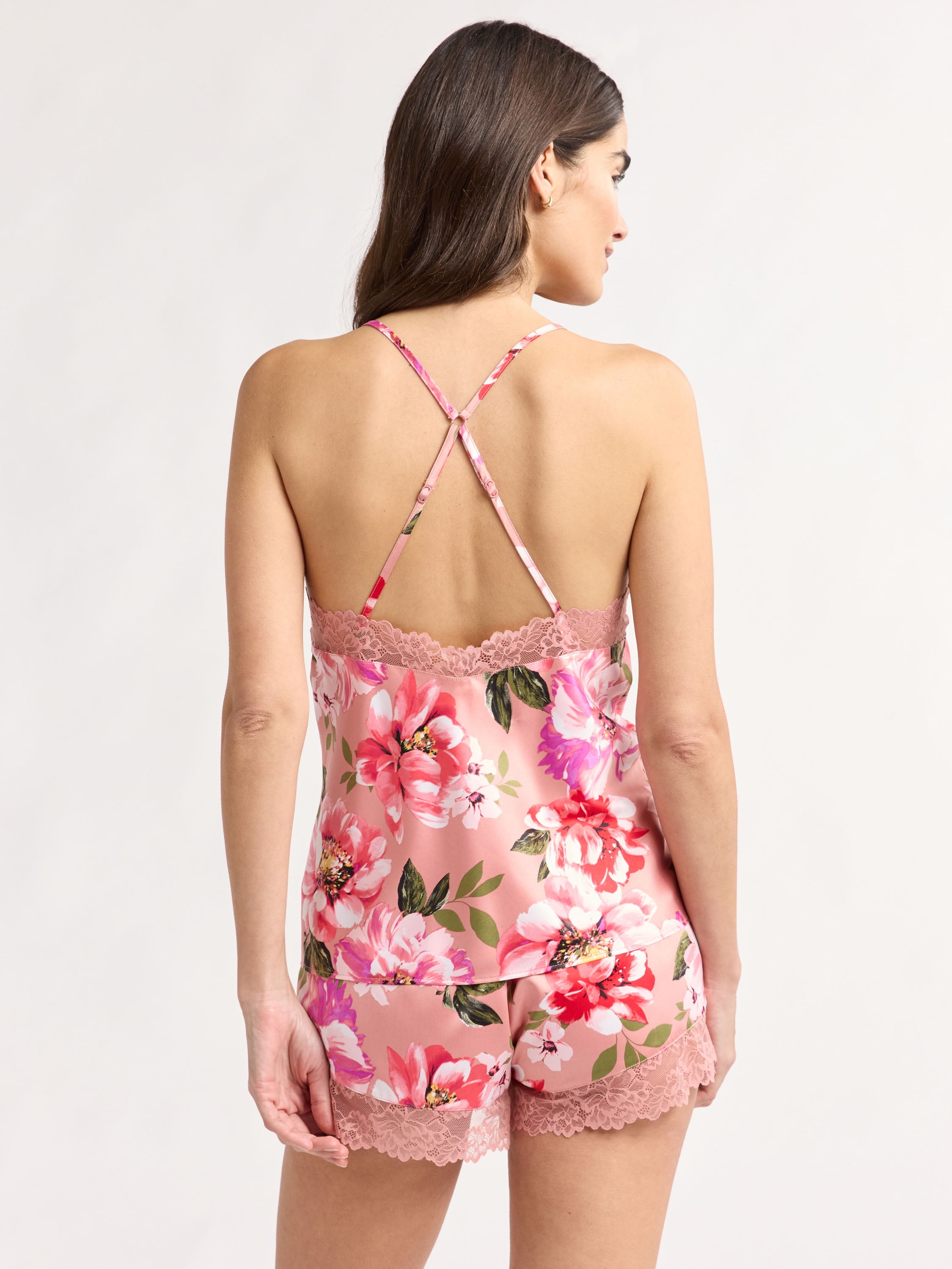 Joyspun Women’s and Women’s Plus Satin Cami and Shorts Pajama Set with Lace Trim, Sizes XS to 3X