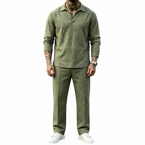 Delconic Mens Casual Cotton Linen Two Piece Set Long Sleeve Collared Pullover Top and Drawstring Straight Leg Pants Outfit Army Green L