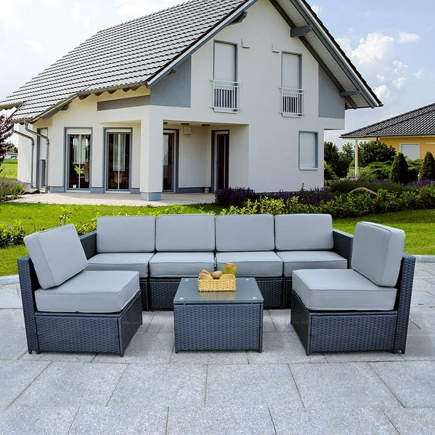 Afname vermijden Beschaven MCombo 7pcs Patio Outdoor Furniture Set Wicker Steel Sectional Sofa Grey  Cover 6085-1007-EY - Walmart.com