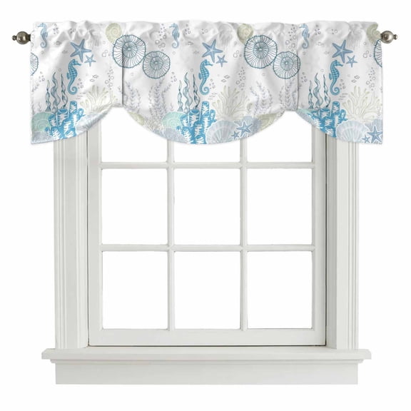Coastal Blue Tie Up Valance Curtains for Windows, Kitchen Curtains Window Treatments, Ocean Coral Starfish Jellyfish Seahorse Short Window Shades Valances for Bedroom Bathroom Cafe 42"x18"