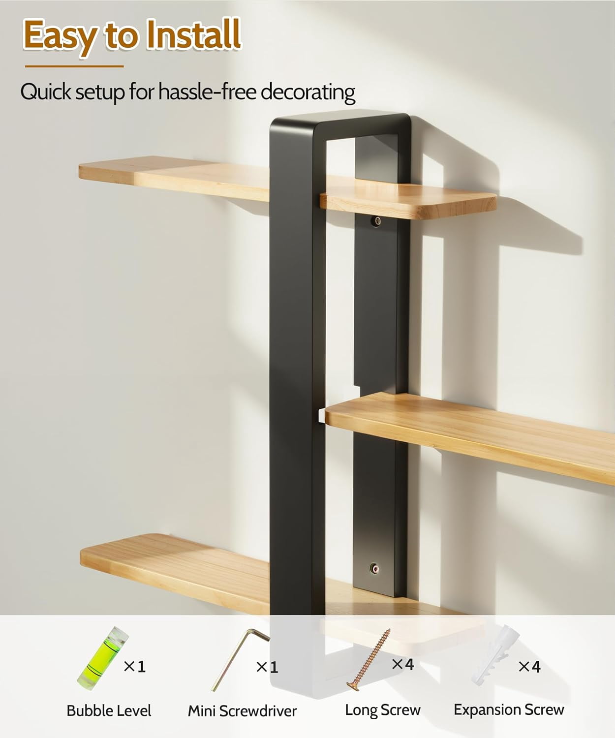 Gronda Adjustable Floating Shelves for Wall 3 Tier Wood Shelf for Bathroom, Bedroom, Living Room, Easy Install, Nature Black Decor Storage Shelf, 20in