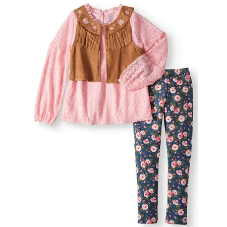 Boho Vest, Lace Top, and Legging, 3-Piece Outfit Set (Little Girls & Big Girls)
