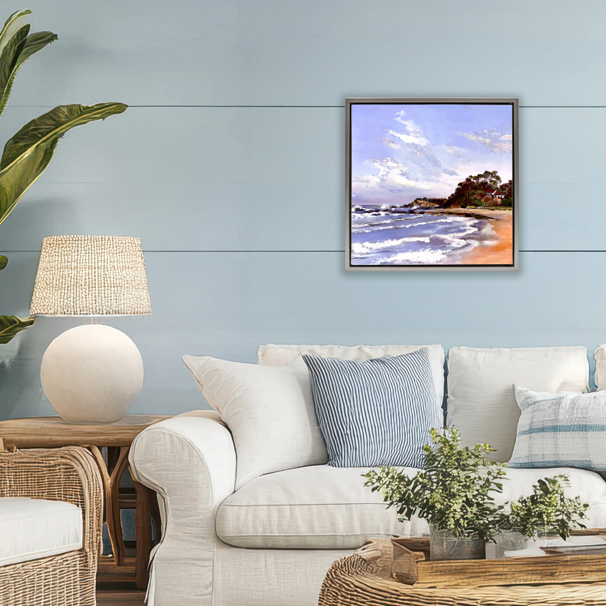 Malua Bay Seascape Gray Framed Floater Canvas Wall Art, design by Patricia Reynolds