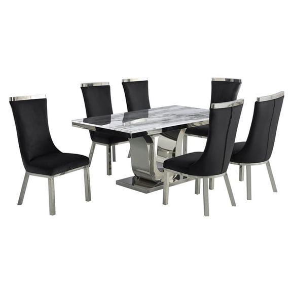 White Marble 7pc Dining Set with Silver Stainless Steel and 6 Chairs