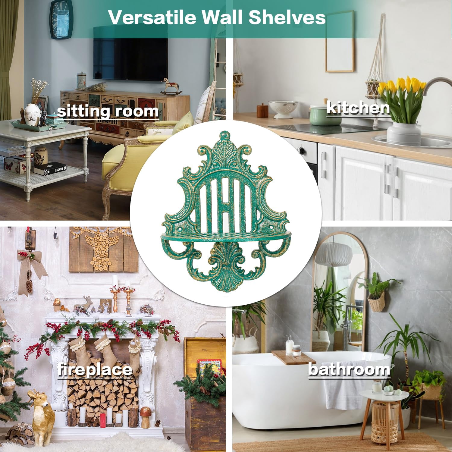 Sungmor Gothic Floating Shelves Cast Iron Wall Mounted Decor, Green, 9.4" 2-Count