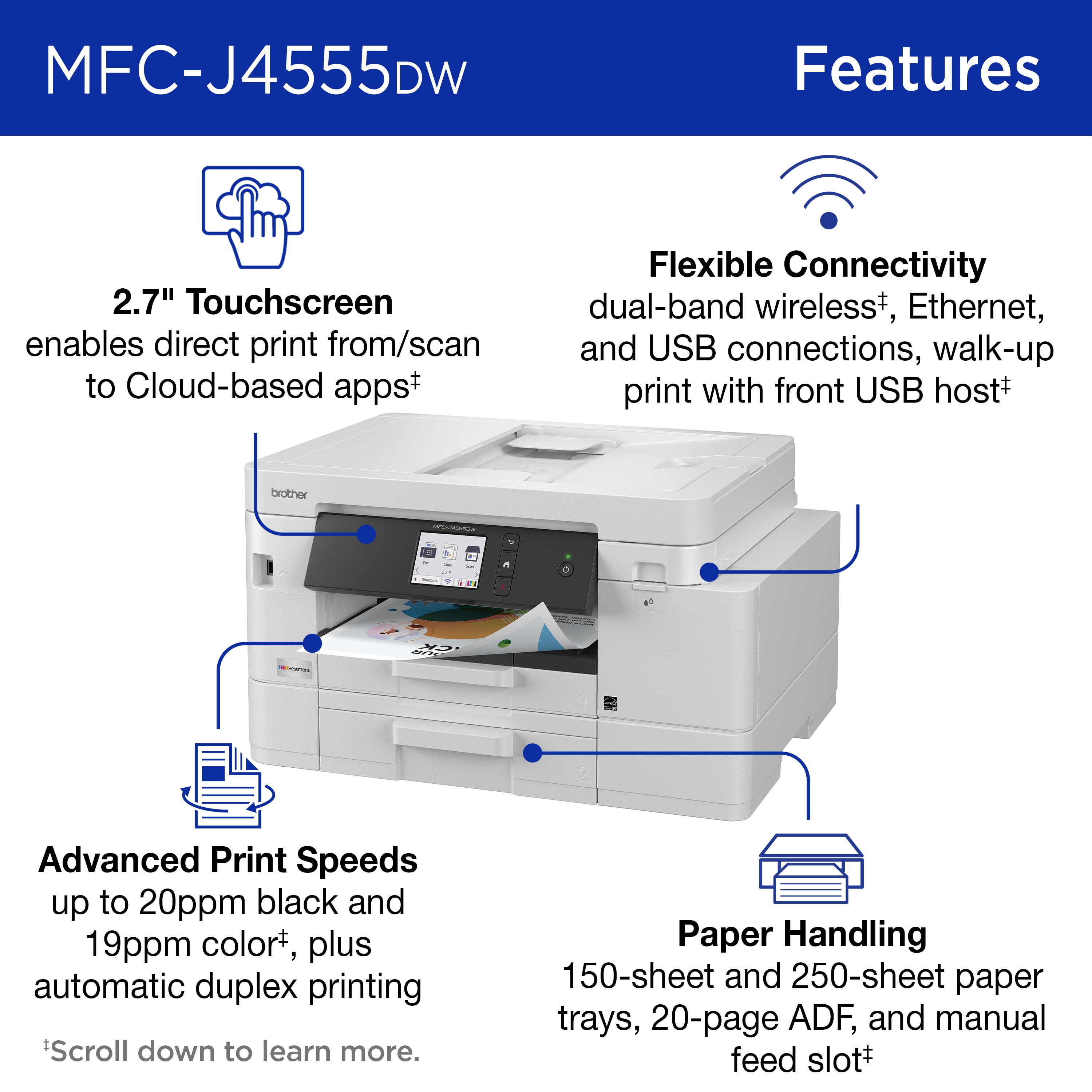 Brother INKvestment 4555 MFC-J4555DW Wireless Color Inkjet All-in-One Printer with 2.7” Color Touchscreen and 2 Paper Trays