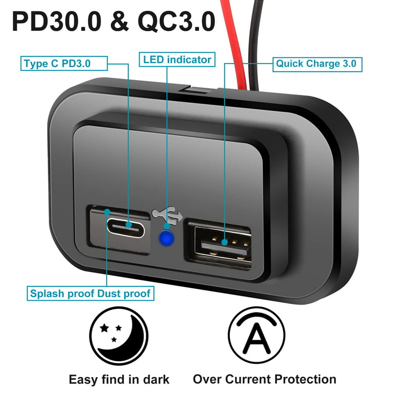 12V USB Outlet 12V Switch Panel with Type C and QC3.0 USB Car Charger Socket  Power Outlet, Panel Mount Dual Port 12V 24V Quick Car Charger for Cars Bus  ATV RV Boat