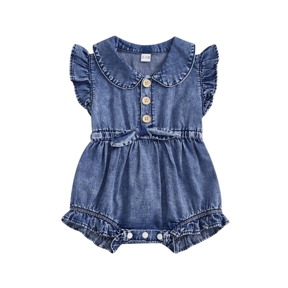 BemeyourBBs Newborn Baby Girl Denim Bubble Romper One Piece Western Cowgirl Outfit Cute Infant Baby Girls Summer Clothes Fly Sleeve Collar Button Jeans Bodysuit Jumpsuit Playsuit