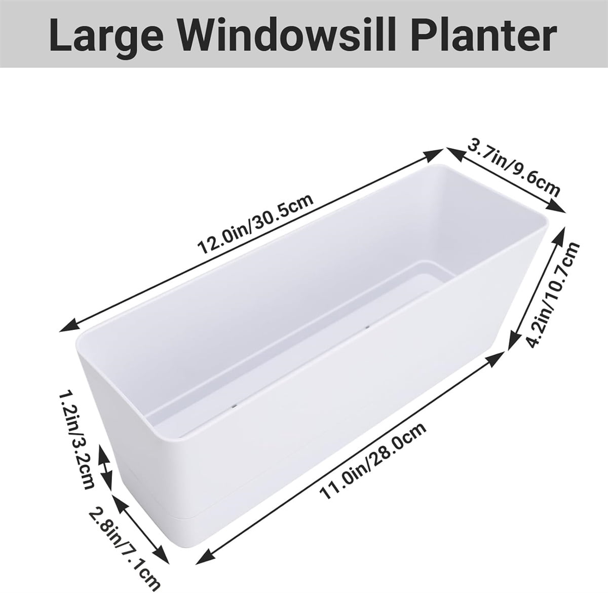 GIXUSIL Rectangular Plastic Planter, 12"x3.8" Window Box Planter with Tray, Lightweight & Extremely Durable FlowerPot, White, 1 Pcs