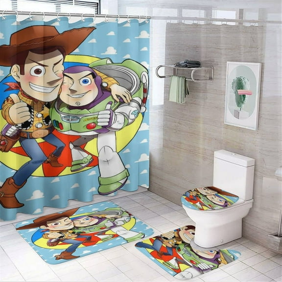 4 Pcs Toy Story Bathroom Set with Shower Curtain with Non-Slip Rugs, Toilet Lid Cover And Non-Slip U Shape Bath Mat, Bathroom Decoration with 12 Hooks 72 X 72 Inches