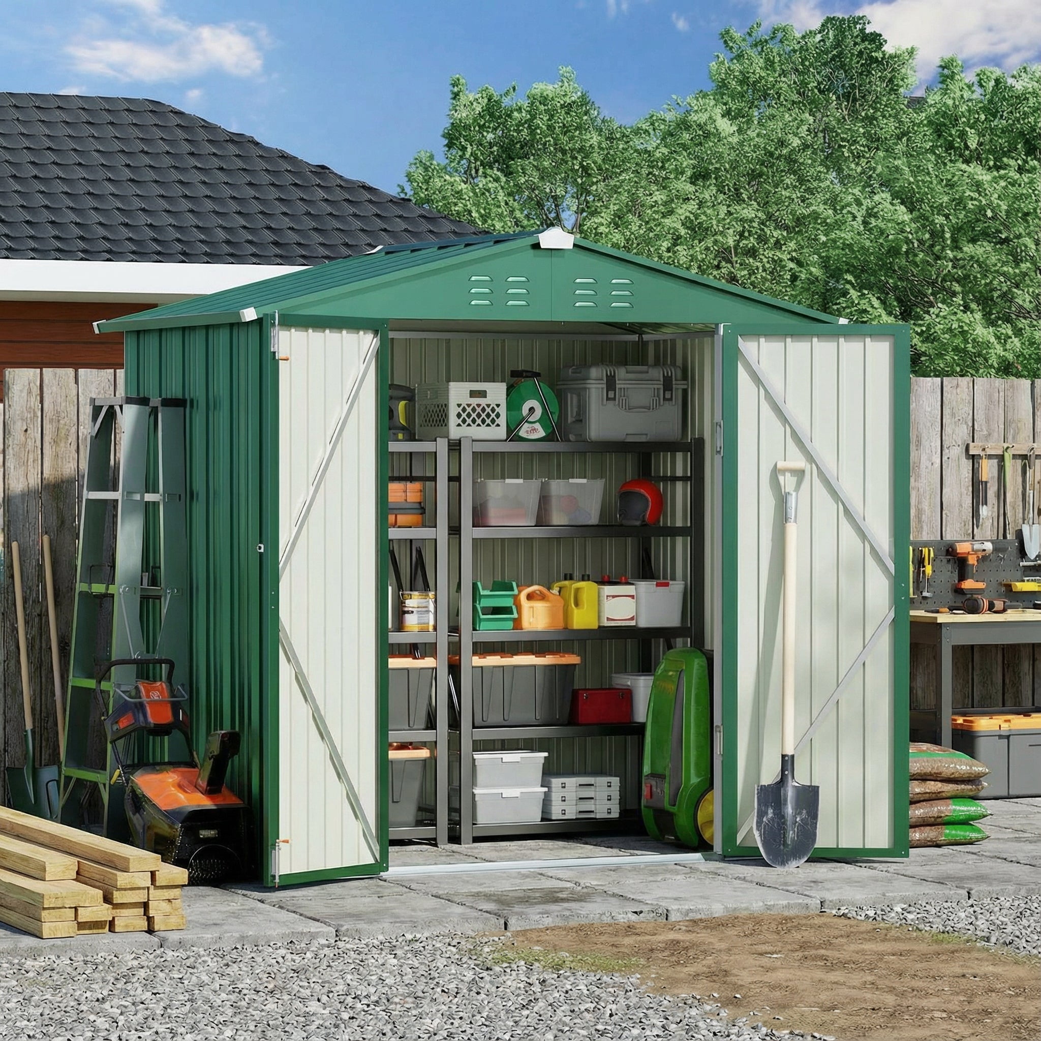 6' x 4' Outdoor Storage Shed, Weather-Resistant Iron Garden Shed with Lockable Double Doors for Backyard/Patio/Lawn, Green