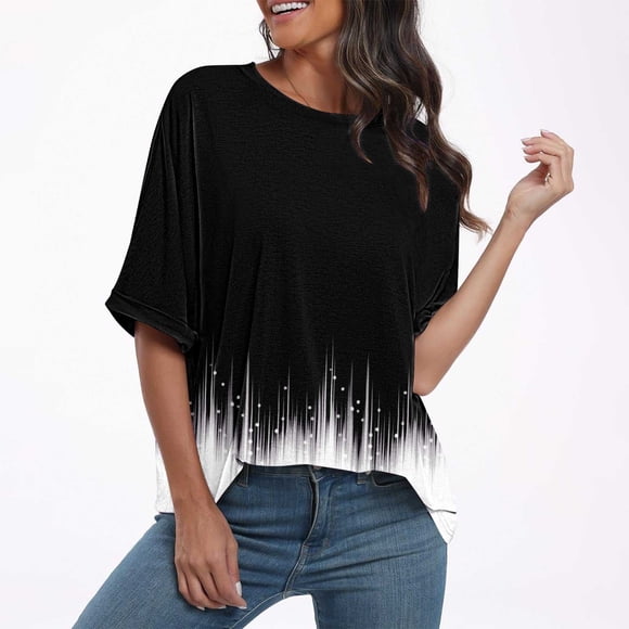 FcBaudy Womens Tops, Shirts for Women, Short Sleeve Round-Neck Blouses & Shirts Women's Ladies Fashion Casual Cropped Short Sleeve Printing Loose Shirt Blouse Top Women Blouse