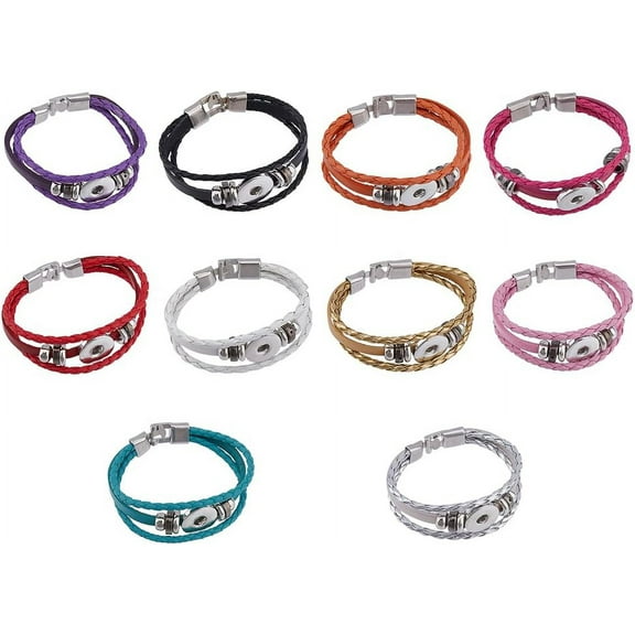 10Pcs 10 Colors Alloy Snap Button Bracelet Bangle Imitation Leather Bracelets with Snap Button Interchangeable PU Braid Snap Button Bracelets for Jewelry Making