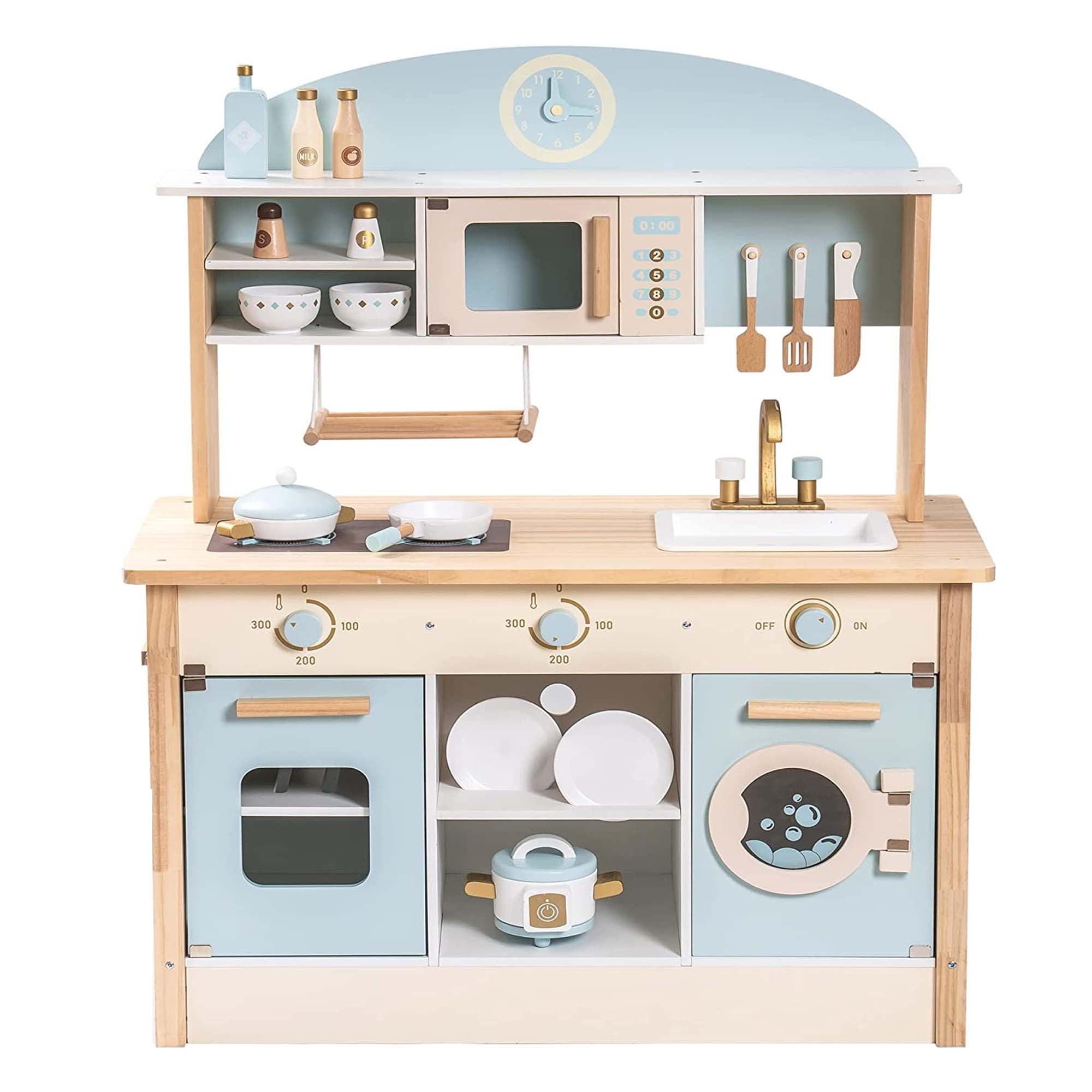 Robud Luxury Kids Play Kitchen Playset, Wooden Pretend Playset with Microwave Oven, Clock,Towel Rack,Toy for Toddler,Blue