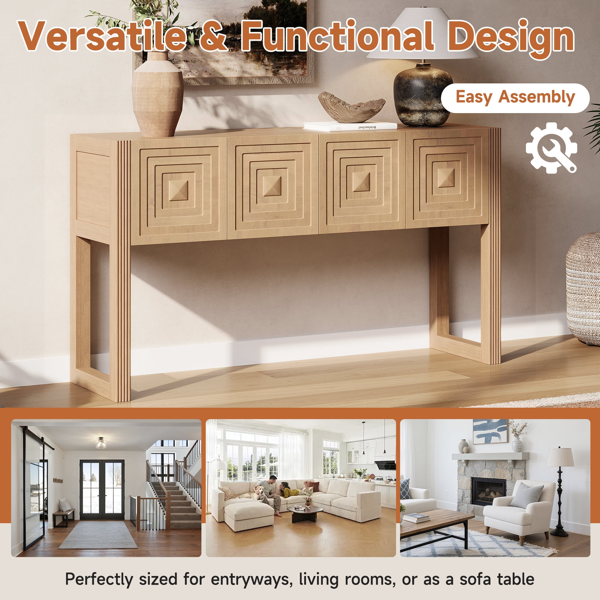 Euroco 54.9" Console Table with 3 Soft-Close Drawers, Fluted Entryway Table with Solid Wood Frame, Narrow Long Sofa Table for Living Room, Hallway, Entryway,Light Brown