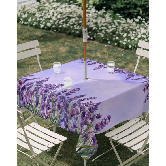 Outdoor Tablecloth with Umbrella Hole, Spring Purple Lavender Zippered Table Cloth for Rectangle Tables, Rustic Pastoral Flower Leaf Washable Waterproof Tablecloths for Picnic Patio Garden