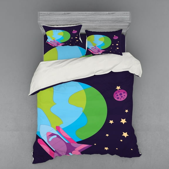 Cartoon Duvet Cover Set, Composition of Galactical Space Planet Earth Rockets Stars Illustration, Bedding Set with Shams and Fitted Sheet, 3 Sizes, by Ambesonne