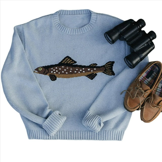 Women Contrast Fish Sweater Long Sleeve Crew Neck Ribbed Knit Pullover Sweaters Fall Casual Tops Blue L