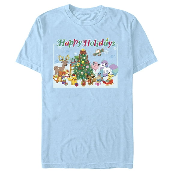 Men's Pokemon Happy Holidays Crew  Graphic Tee Light Blue Small