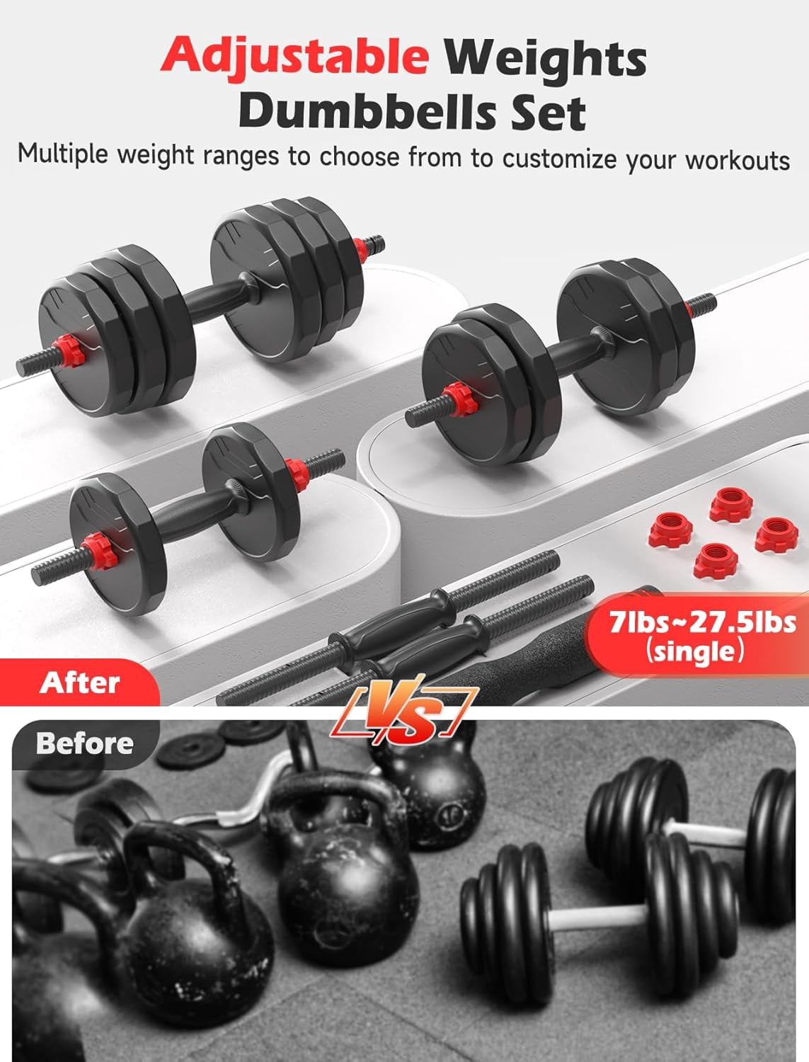 70lbs Free Weight Set with Connector, 5 in1 Dumbbells Set Used as Barbell, Kettlebells, Push up Stand, Fitness Exercises for Home Gym Suitable Men/Women