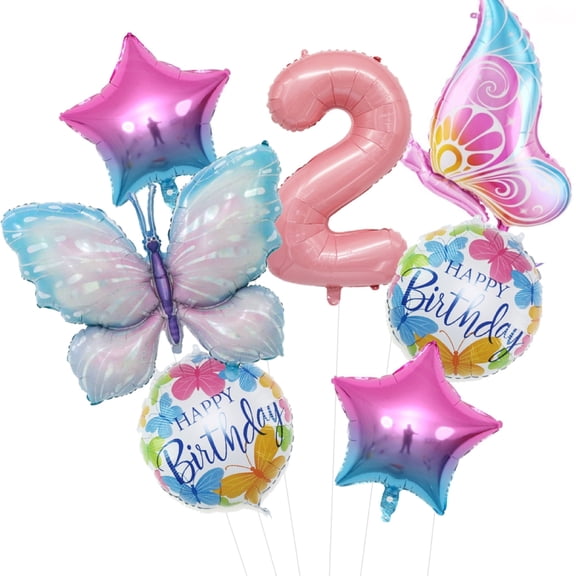 2nd Birthday Girl Balloons Butterfly Pink Party Decoration 7 Count, 40 inches