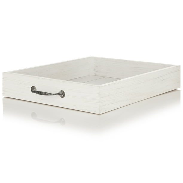 White Rustic Wood Tray with Handles, 15"x13"