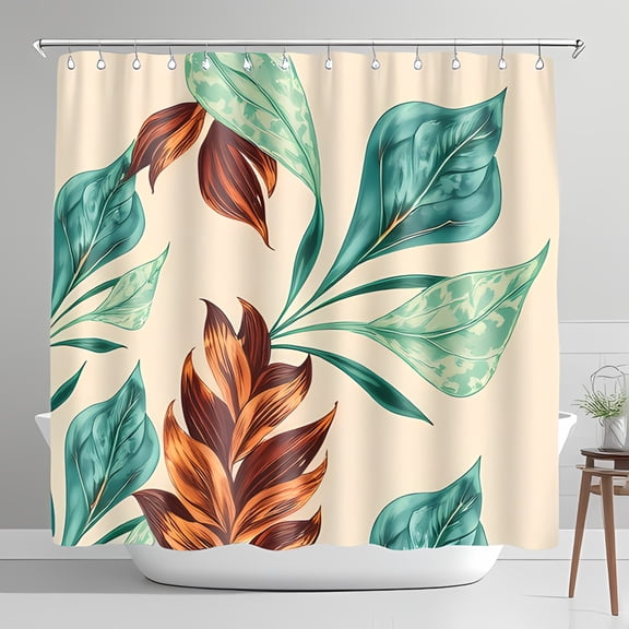 Vibrant Tropical Leaf Shower Curtain Toned Foliage on Creamy Beige Background Elegant Bathroom Decor