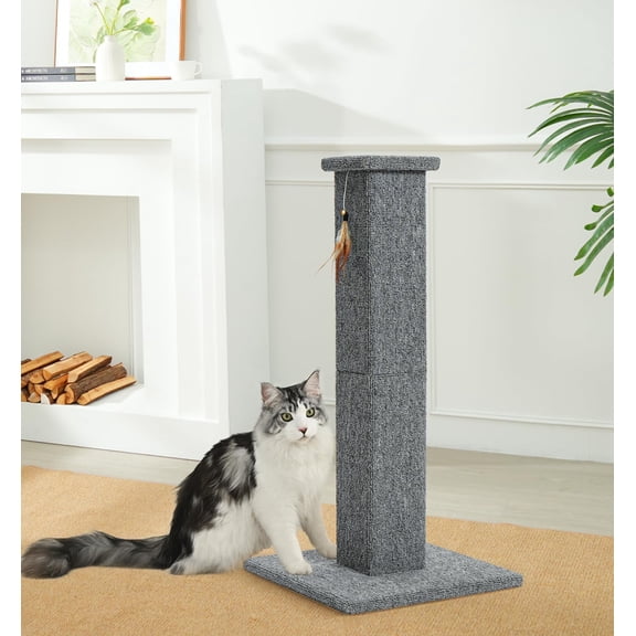 Cat Scratching Post, Carpet Covered Cat Scratcher with Toy, Tall Scratching Post for Indoor Cats, Grey