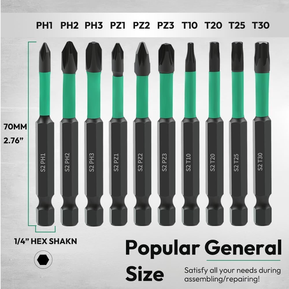 MKEUDQ-10pcs 70mm Phillips PoziDriv Torx Screwdriver Bit Set, Magnetic 1/4 Inch Hex Shank Impact Driver Drill Bits, Phillips Cross Pozi Head Long Drill Bits Torx Bit Set