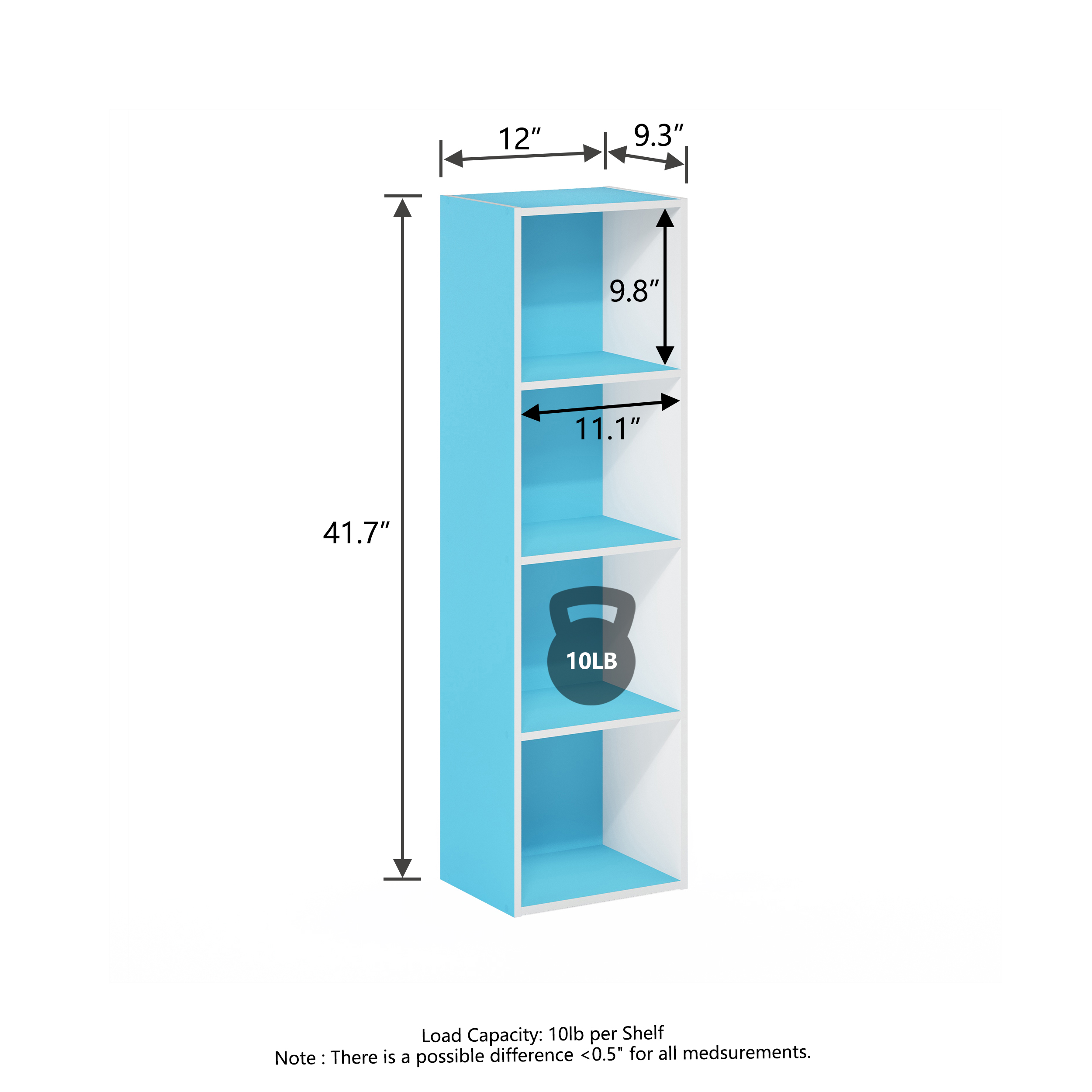 HOMLUX 9" x 12" x 42" Storage Shelf 4 Tier Cube Bookcase, Suitable for Small Space, White & Blue