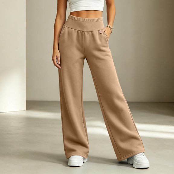 KIHOUT Womens Wide Leg Sweatpants with Pockets Elastic Waistband Solid Color Casual Lounge Pants Baggy Straight Leg Long Trousers
