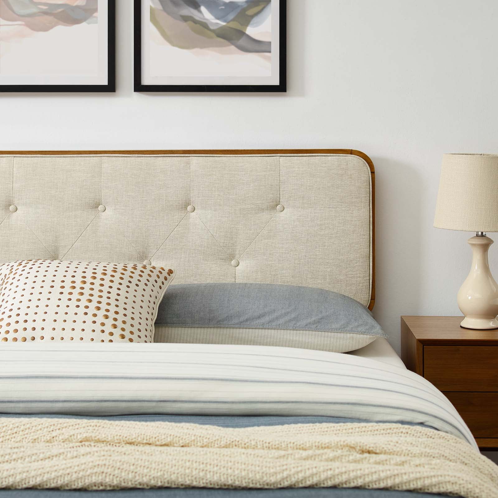 Platform Bed Frame, King Size, Wood, Brown Walnut Beige, Modern Contemporary Urban Design, Bedroom Master Guest Suite