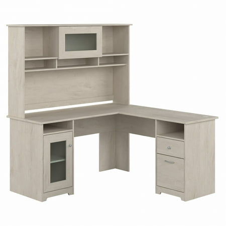 Bush Furniture Cabot 60 L Desk and Hutch with Storage Linen White Oak