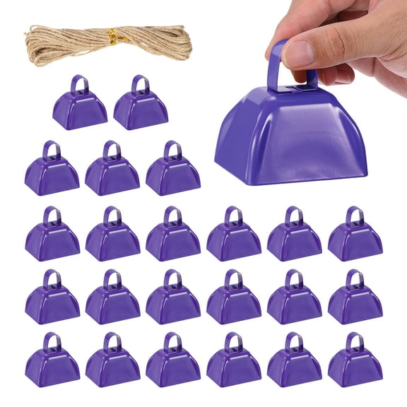 Uxcell 24pcs Cow Bells for Football Games, 3 Inch Cowbells for Sporting Events Bulk Loud Noise Makers Metal Cow Bell with Rope for Cheering Wedding, Purple
