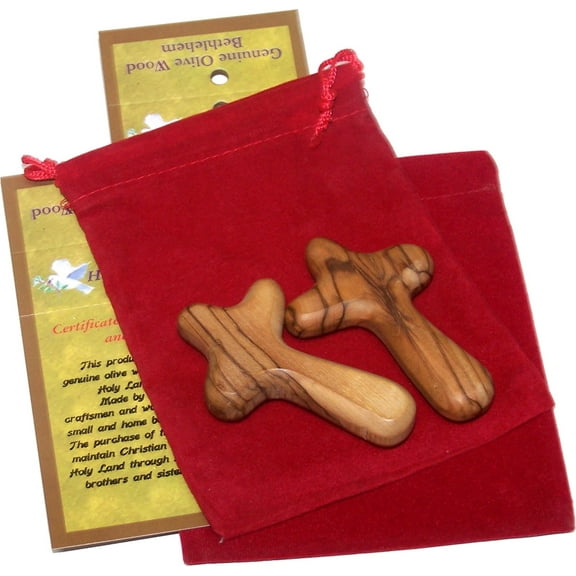 Small Olive Wood Pocket Comfort Holding Cross Package with Velvet Bag & Lord's Prayer Card - The Holding or Hand Cross (2 inches)