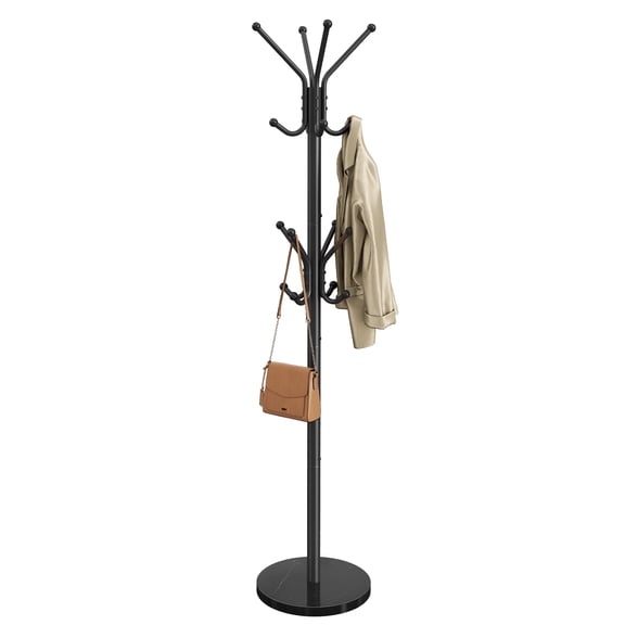 SONGMICS Freestanding Coat Rack, 16 Hooks, Steel Coat Tree with Marble Base, Ink Black